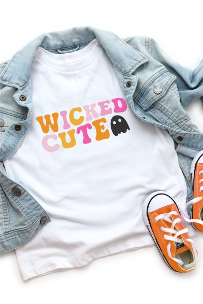 Wicked Cute SVG on white shirt with jean jacket and orange Chucks.
