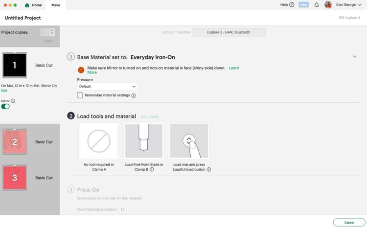 Cricut Design Space: Make screen showing Everyday Iron On as material selection