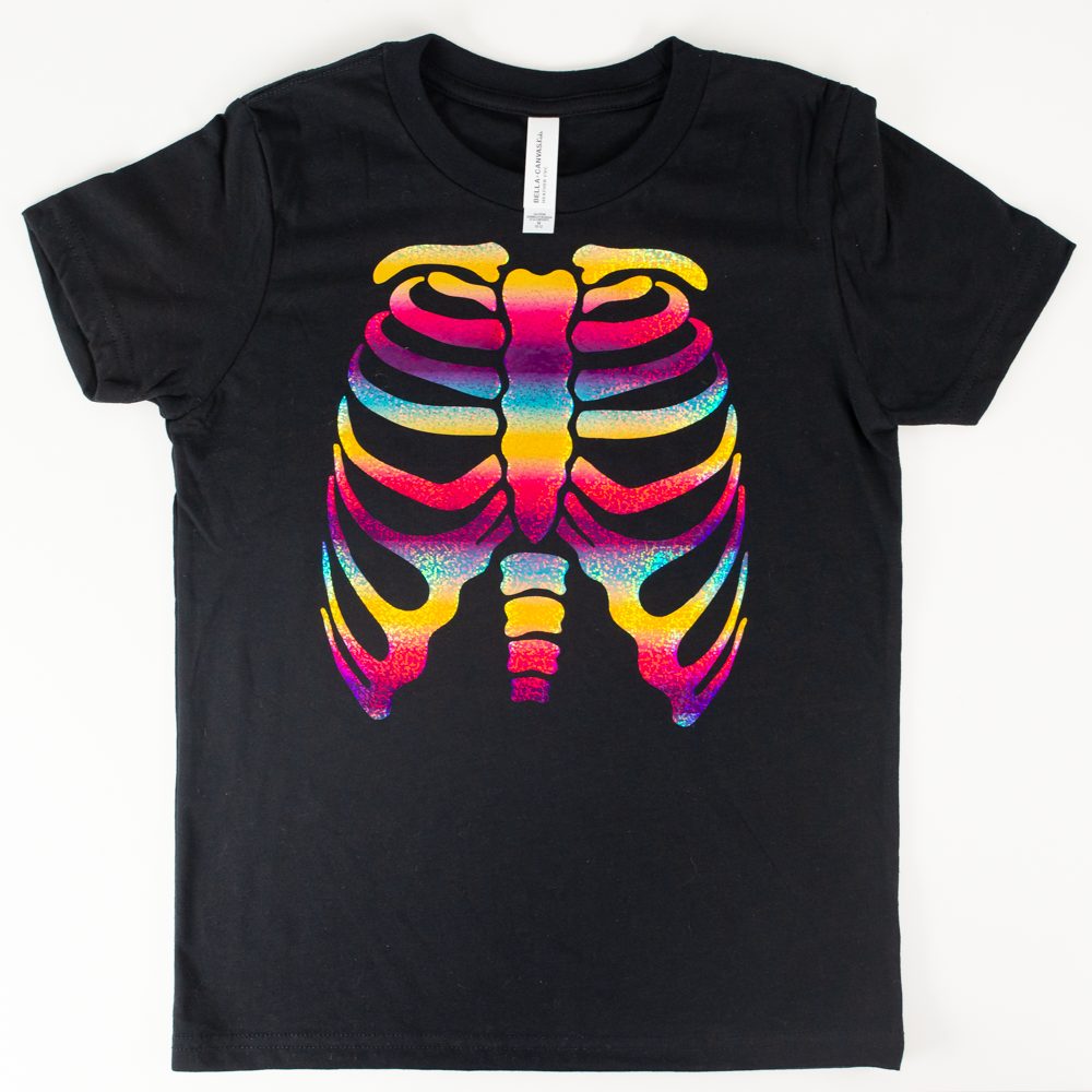 Black t-shirt with rainbow skeleton transfer